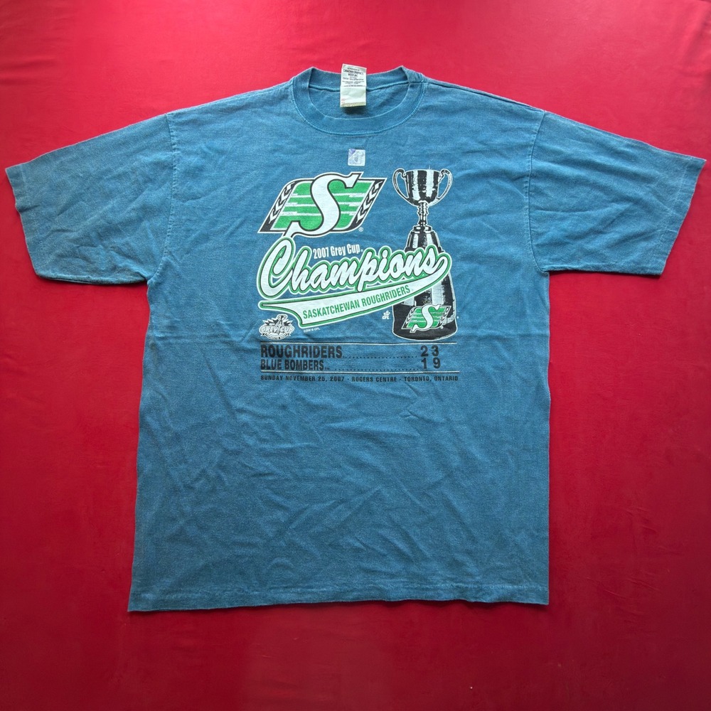 Vintage‎ Saskatchewan Roughriders 2007 Grey Cup Champions T-Shirt Blue Large CFL